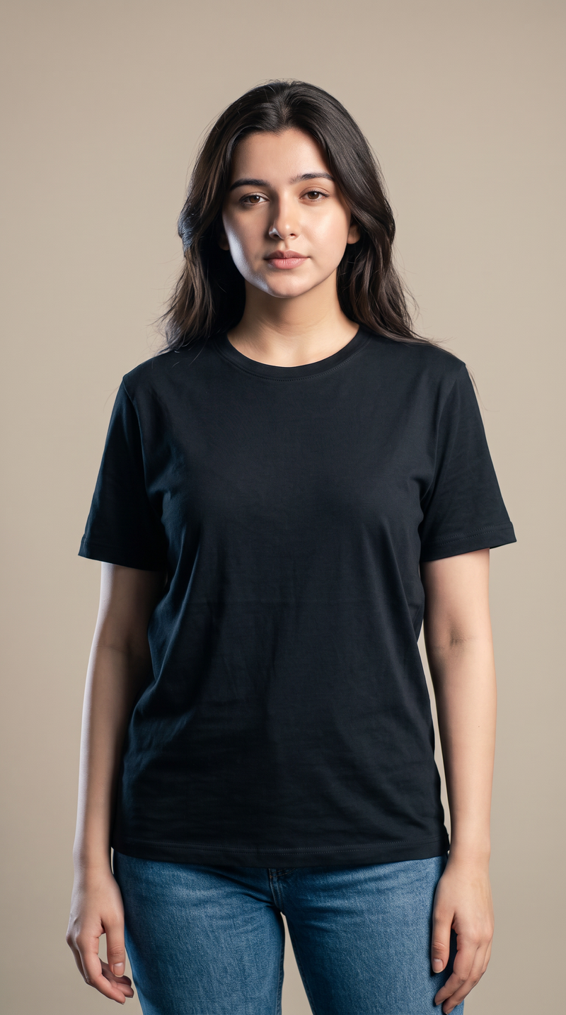 Black Basic T-Shirt for Women – 230 GSM Cotton Sinker Plain Crew Neck Tee