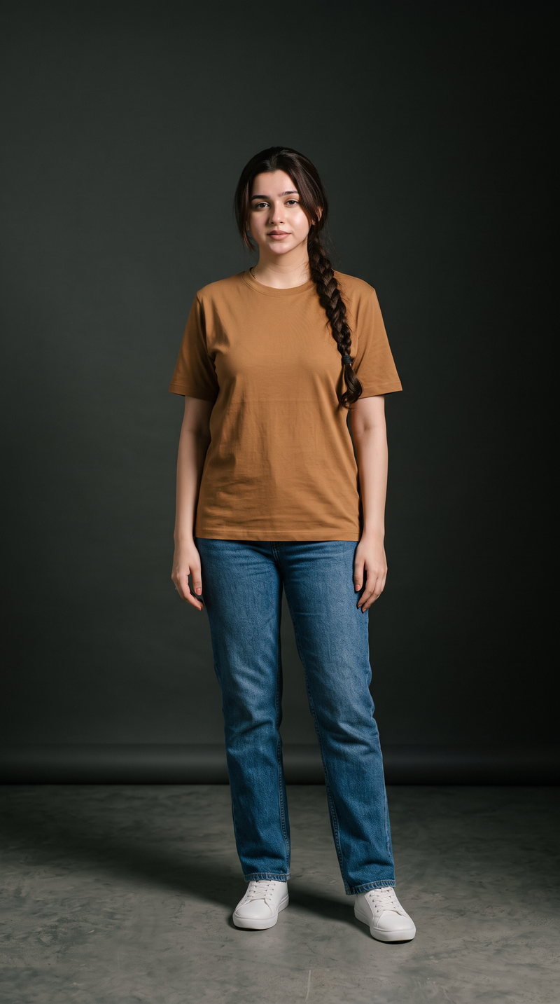 Camel Brown Basic T-Shirt for Women – 230 GSM Cotton Sinker Plain Crew Neck Tee