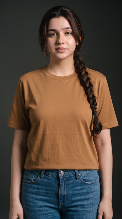 Camel Brown Basic T-Shirt for Women – 230 GSM Cotton Sinker Plain Crew Neck Tee