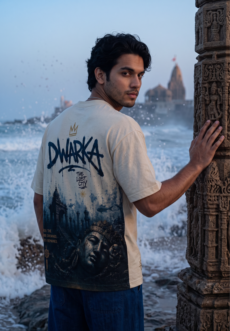 Dwarka The Lost City Oversized T-Shirt — Off White 240 GSM Cotton Terry Back Print