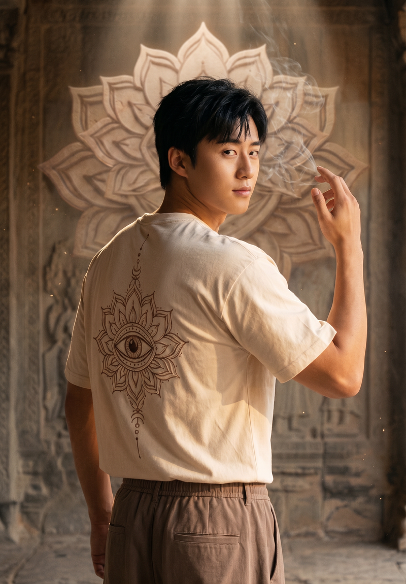 Trinetra Oversized T-Shirt — Off White 240 GSM Cotton Terry Third Eye Lotus Back Embroidery