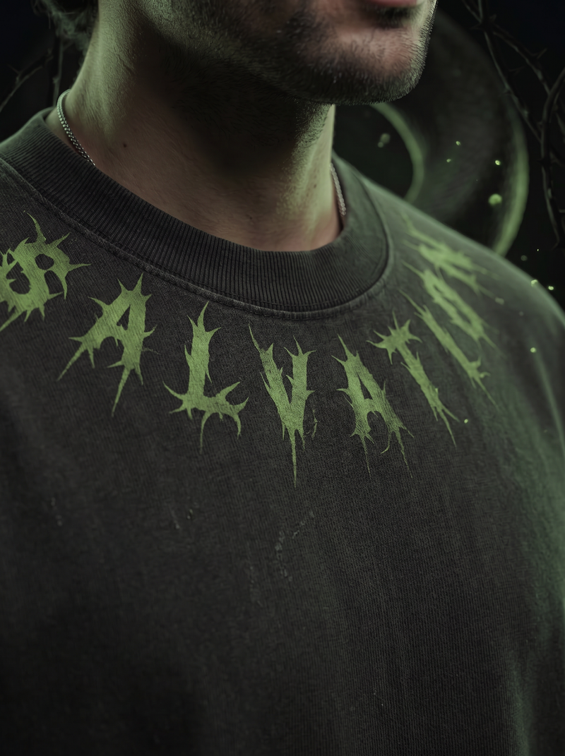Salvation Oversized T-Shirt — Washed Black 240 GSM Cotton Terry Serpent Back Print