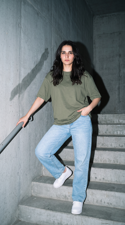Olive Green Oversized T-Shirt for Women – 240 GSM Cotton Terry Relaxed Fit Tee