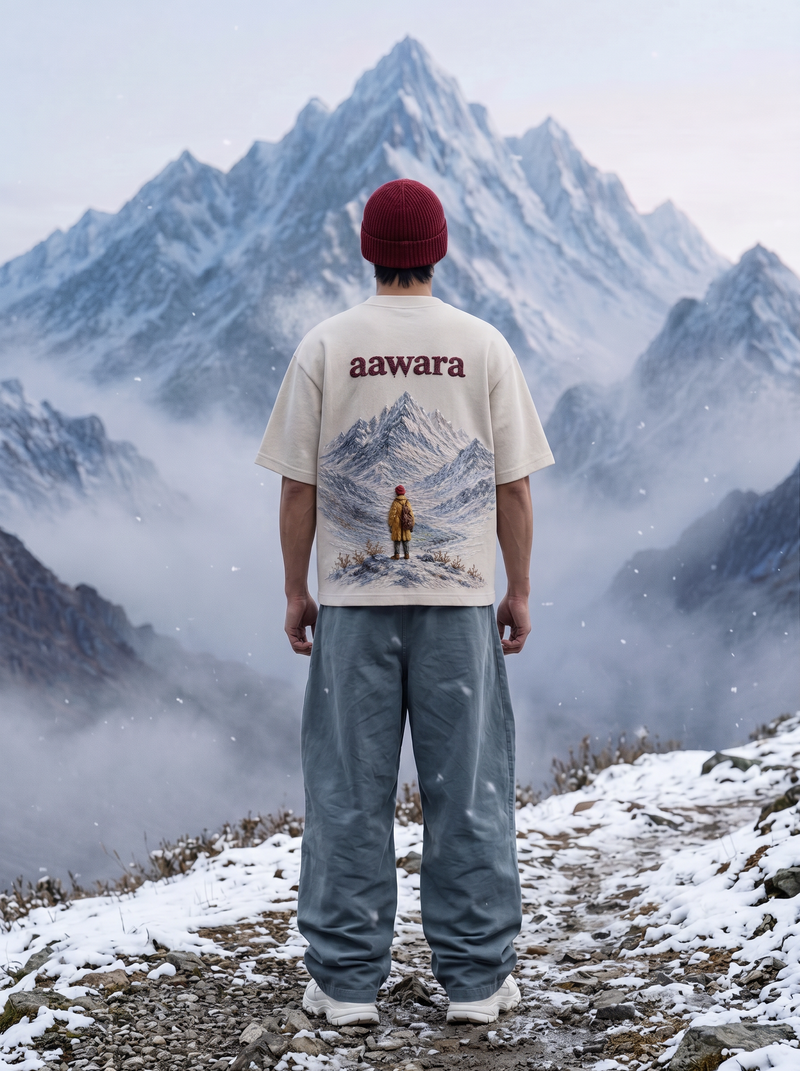 Aawara Embroidered Oversized T-Shirt — Off White 240 GSM Cotton Terry Mountain Back Embroidery