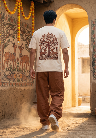 Madhubani Tree of Life Embroidered Oversized T-Shirt — Off White 240 GSM Cotton Terry