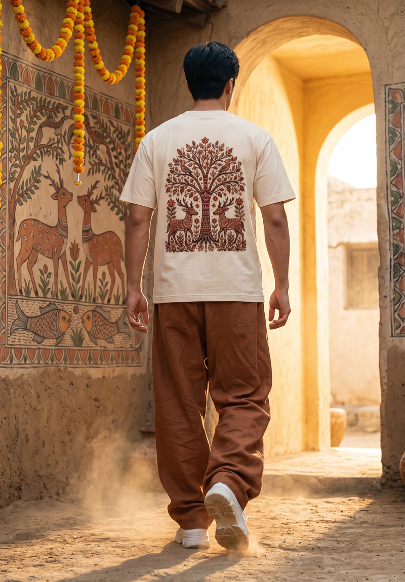 Madhubani Tree of Life Embroidered Oversized T-Shirt — Off White 240 GSM Cotton Terry