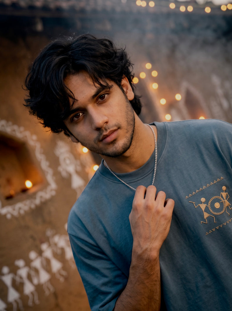 Warli Oversized T-Shirt — Teal Blue 240 GSM Cotton Terry Temple Procession Back Print