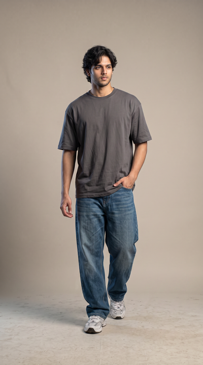 Charcoal Grey Oversized T-Shirt — 240 GSM Cotton Terry Plain Drop Shoulder Tee