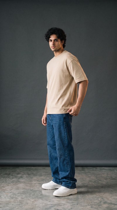 Sand Beige Oversized T-Shirt — 240 GSM Cotton Terry Plain Drop Shoulder Tee