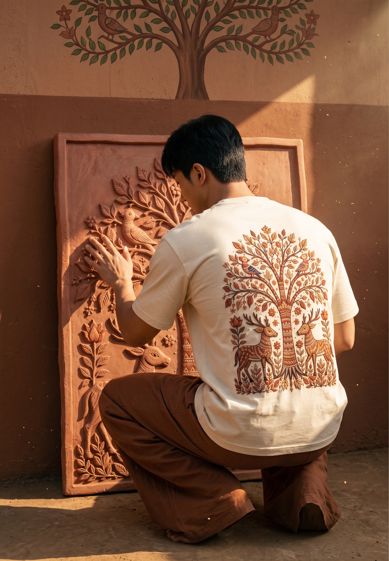 Madhubani Tree of Life Embroidered Oversized T-Shirt — Off White 240 GSM Cotton Terry