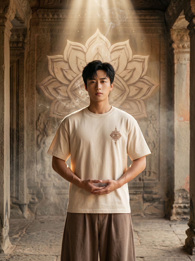 Trinetra Oversized T-Shirt — Off White 240 GSM Cotton Terry Third Eye Lotus Back Embroidery