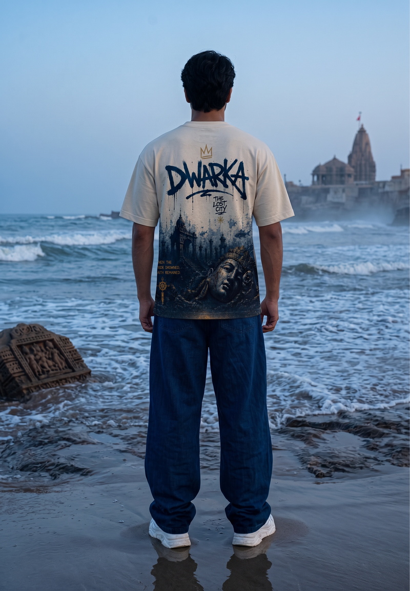 Dwarka The Lost City Oversized T-Shirt — Off White 240 GSM Cotton Terry Back Print