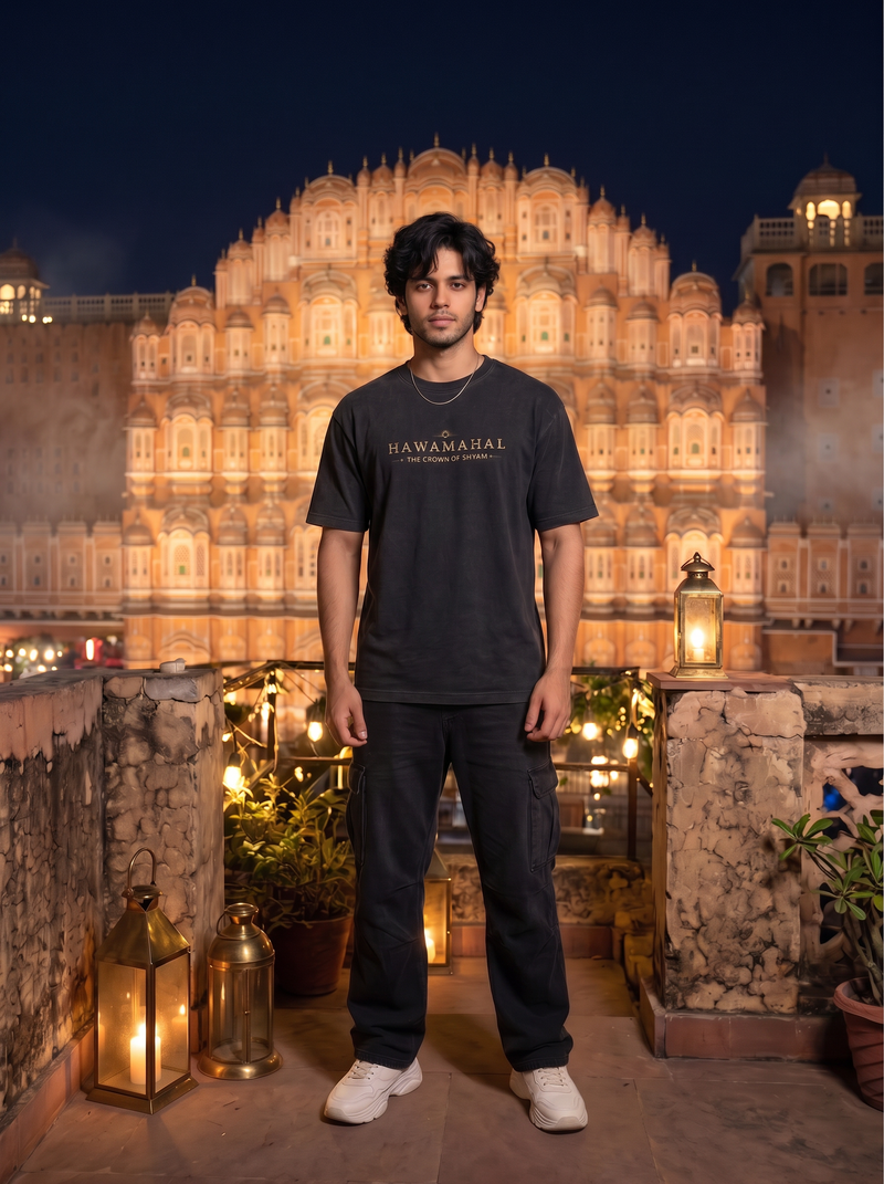 Hawa Mahal Oversized T-Shirt — Washed Black 240 GSM Cotton Terry Krishna Back Print