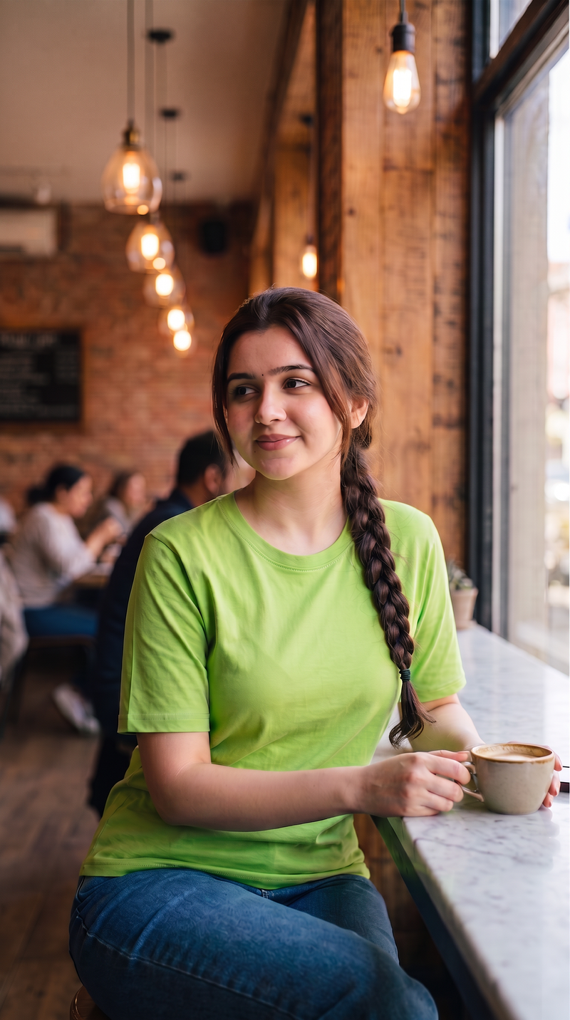 Lime Green Basic T-Shirt for Women – 230 GSM Cotton Sinker Plain Crew Neck Tee