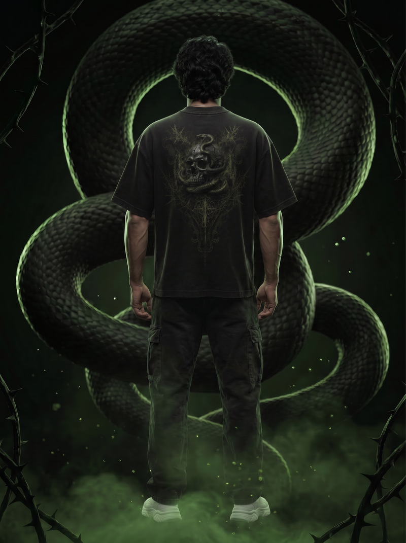 Salvation Oversized T-Shirt — Washed Black 240 GSM Cotton Terry Serpent Back Print