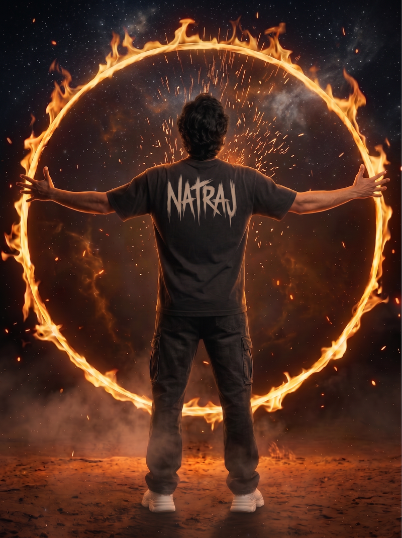 Nataraj Oversized T-Shirt — Washed Black 240 GSM Cotton Terry Shiva Tandava Front Print