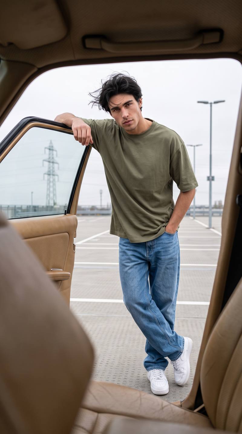 Olive Green Oversized T-Shirt — 240 GSM Cotton Terry Plain Drop Shoulder Tee