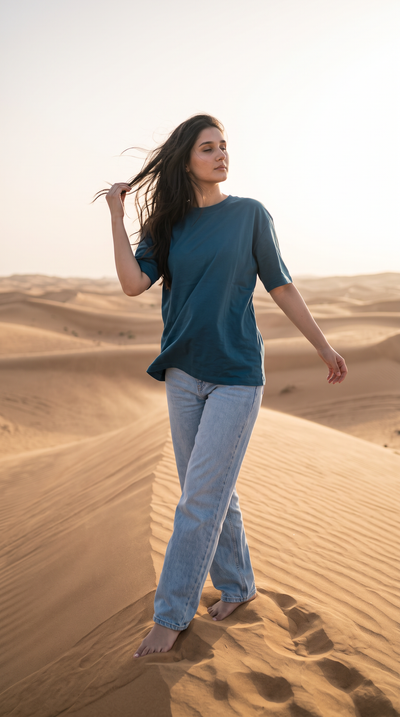 Teal Blue Oversized T-Shirt for Women – 240 GSM Cotton Terry Relaxed Fit Tee
