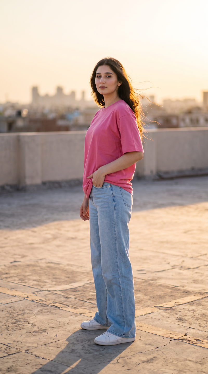 Hot Pink Oversized T-Shirt for Women – 240 GSM Cotton Terry Relaxed Fit Tee