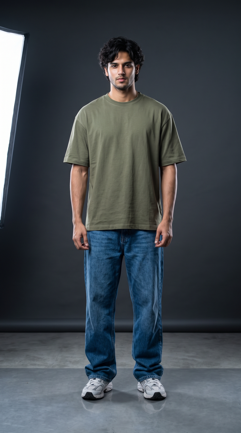 Olive Green Oversized T-Shirt — 240 GSM Cotton Terry Plain Drop Shoulder Tee