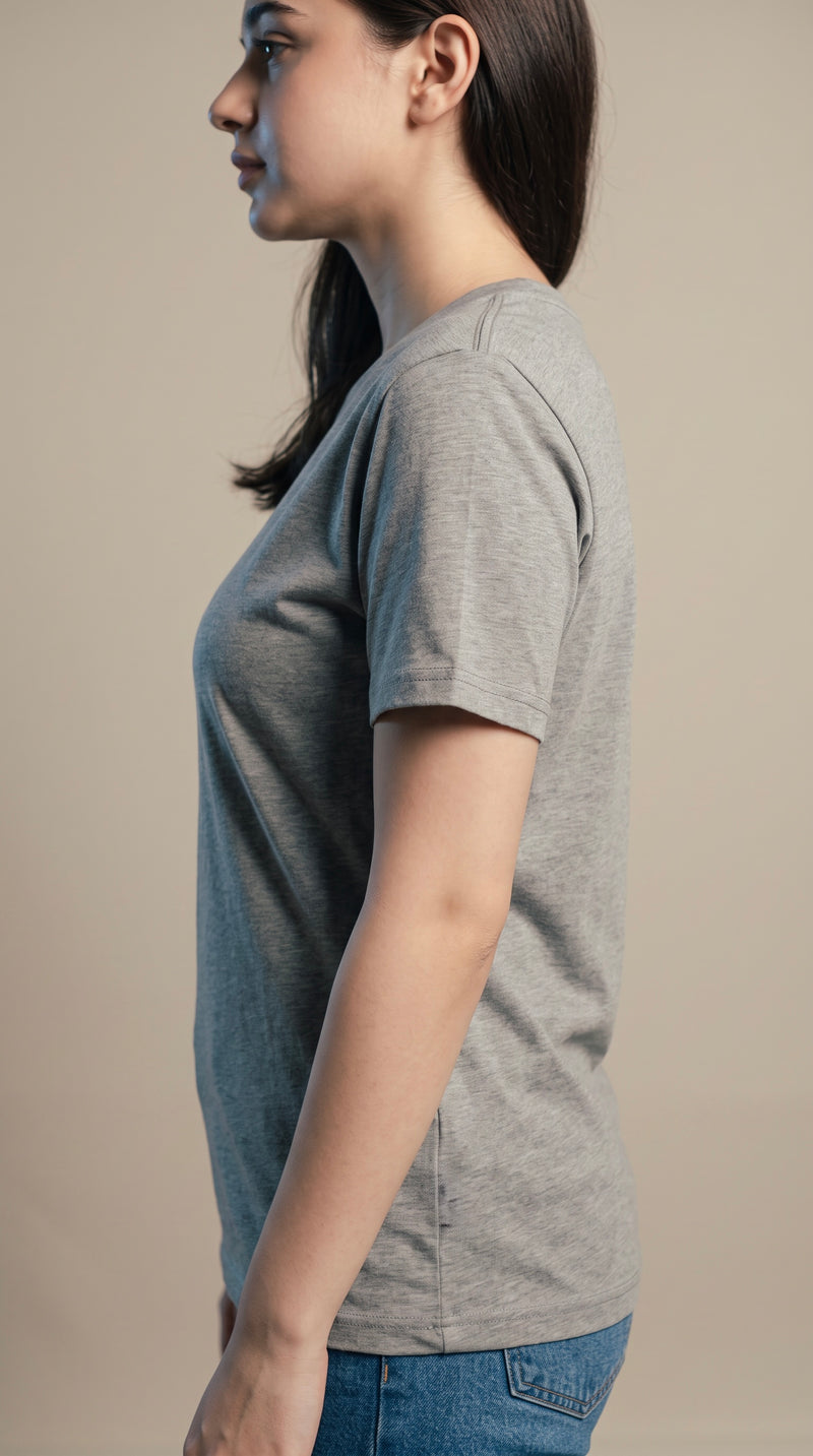 Grey Basic T-Shirt for Women – 230 GSM Cotton Sinker Plain Crew Neck Tee