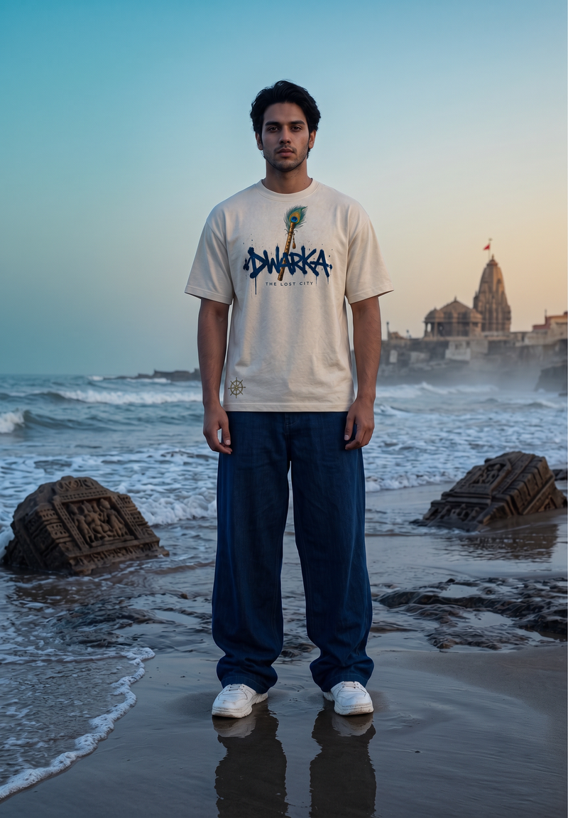 Dwarka The Lost City Oversized T-Shirt — Off White 240 GSM Cotton Terry Back Print
