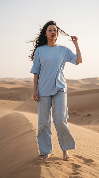 Baby Blue Oversized T-Shirt for Women – 240 GSM Cotton Terry Relaxed Fit Tee