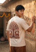 Madhubani Tree of Life Embroidered Oversized T-Shirt — Off White 240 GSM Cotton Terry