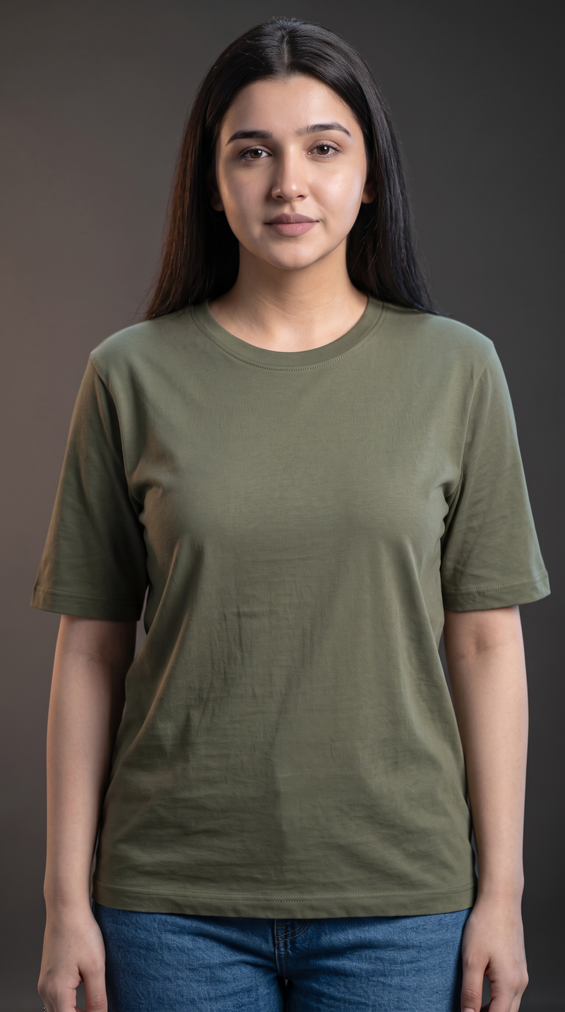 Olive Green Basic T-Shirt for Women – 230 GSM Cotton Sinker Plain Crew Neck Tee