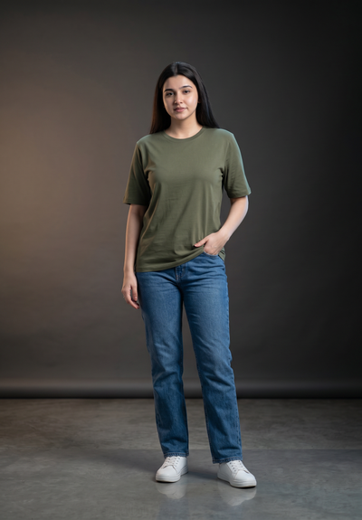 Olive Green Basic T-Shirt for Women – 230 GSM Cotton Sinker Plain Crew Neck Tee
