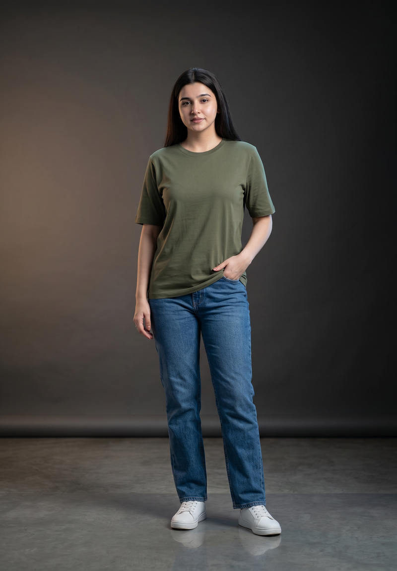 Olive Green Basic T-Shirt for Women – 230 GSM Cotton Sinker Plain Crew Neck Tee