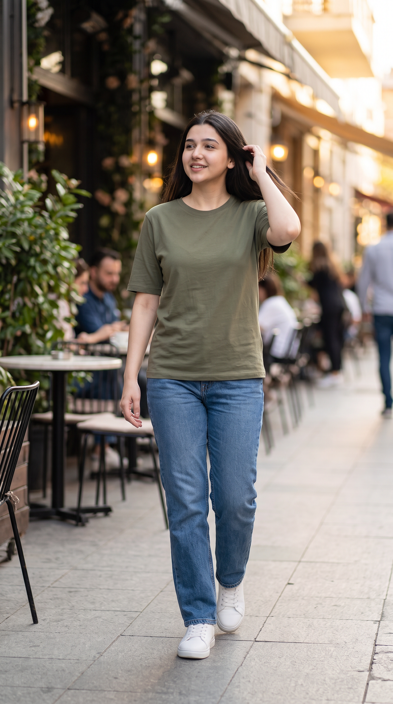 Olive Green Basic T-Shirt for Women – 230 GSM Cotton Sinker Plain Crew Neck Tee