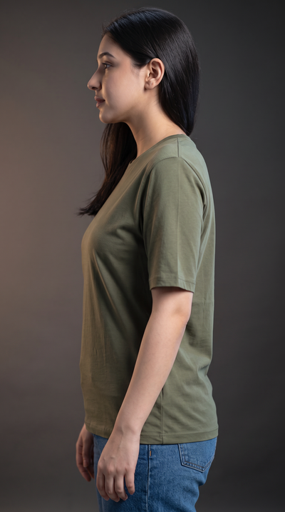 Olive Green Basic T-Shirt for Women – 230 GSM Cotton Sinker Plain Crew Neck Tee