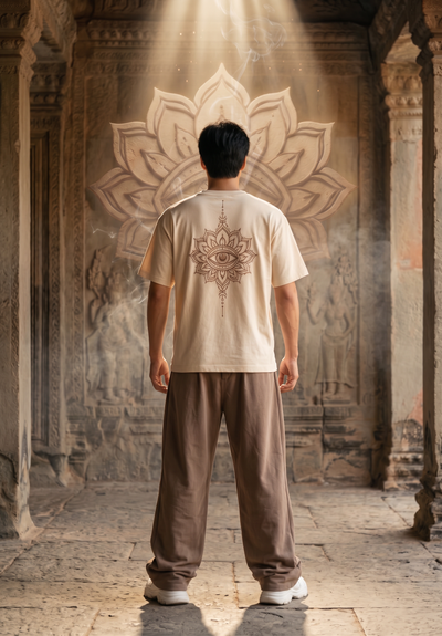 Trinetra Oversized T-Shirt — Off White 240 GSM Cotton Terry Third Eye Lotus Back Embroidery