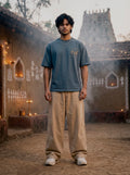 Warli Oversized T-Shirt — Teal Blue 240 GSM Cotton Terry Temple Procession Back Print