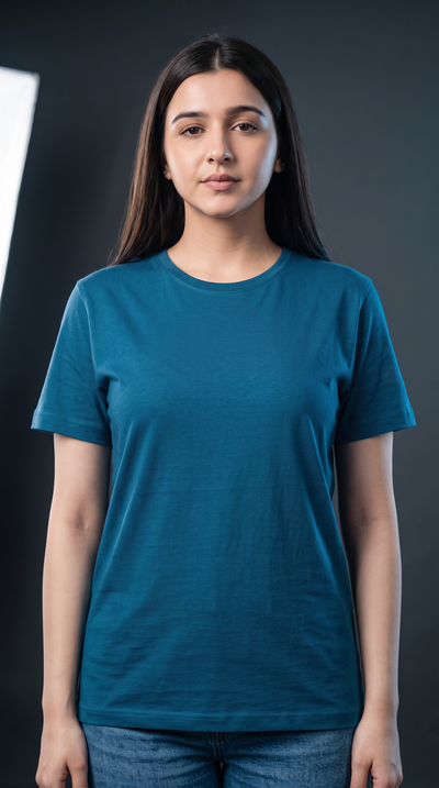 Teal Blue Basic T-Shirt for Women – 230 GSM Cotton Sinker Plain Crew Neck Tee