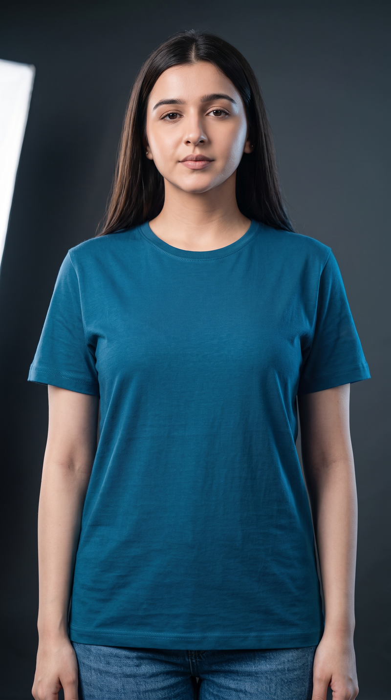 Teal Blue Basic T-Shirt for Women – 230 GSM Cotton Sinker Plain Crew Neck Tee