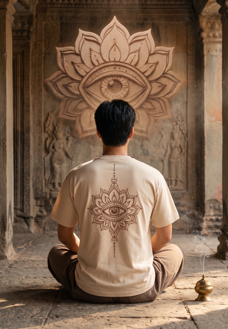 Trinetra Oversized T-Shirt — Off White 240 GSM Cotton Terry Third Eye Lotus Back Embroidery