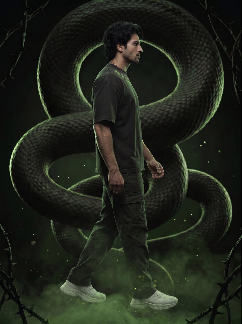 Salvation Oversized T-Shirt — Washed Black 240 GSM Cotton Terry Serpent Back Print
