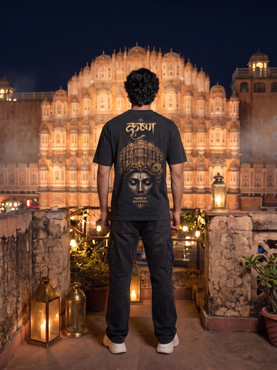 Hawa Mahal Oversized T-Shirt — Washed Black 240 GSM Cotton Terry Krishna Back Print
