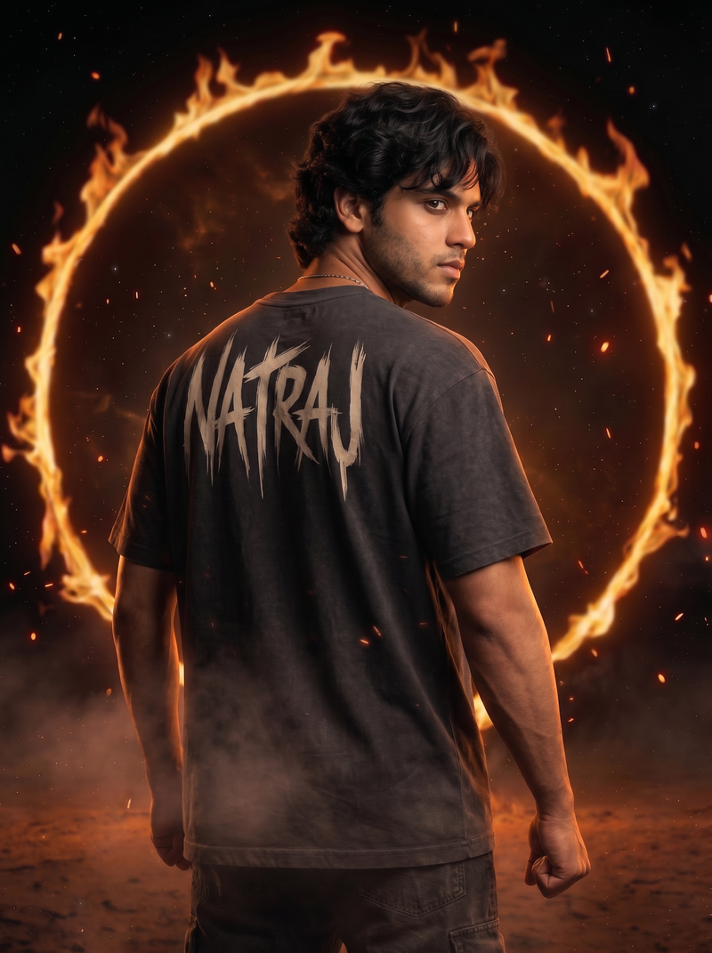 Nataraj Oversized T-Shirt — Washed Black 240 GSM Cotton Terry Shiva Tandava Front Print