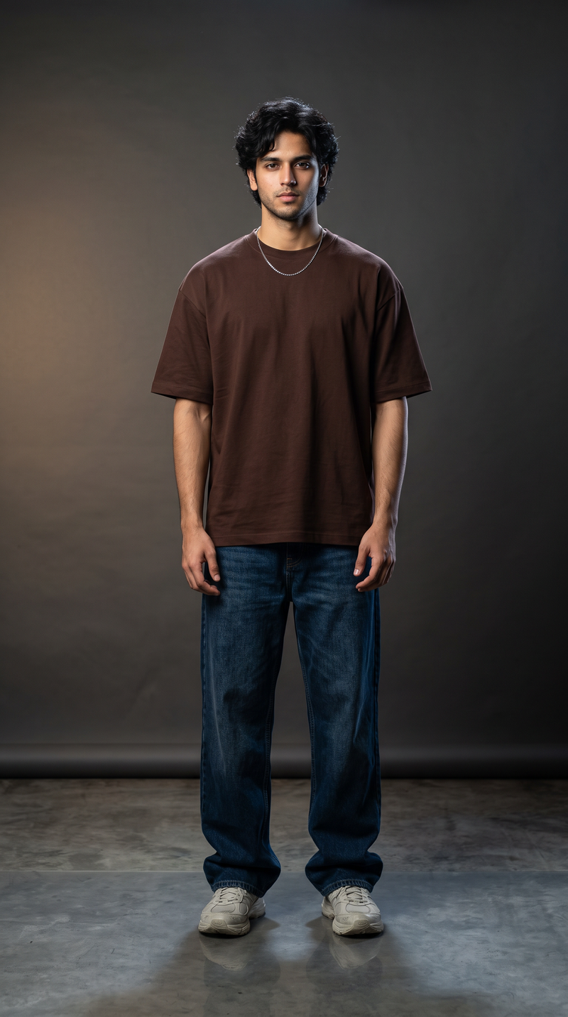 Coffee Brown Oversized T-Shirt — 240 GSM Cotton Terry Plain Drop Shoulder Tee