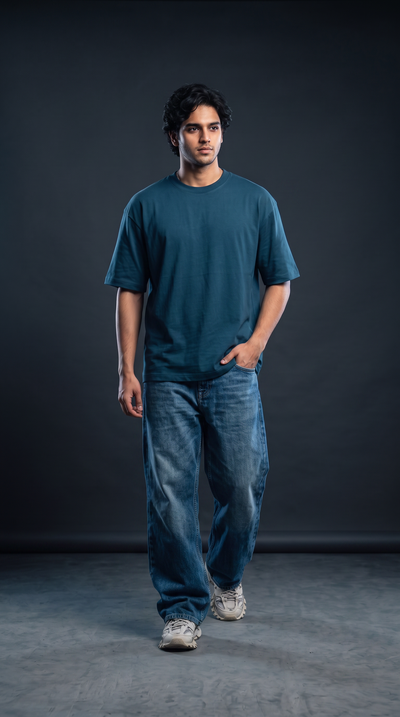 Teal Blue Oversized T-Shirt — 240 GSM Cotton Terry Plain Drop Shoulder Tee