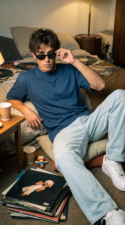 Navy Blue Oversized T-Shirt — 240 GSM Cotton Terry Plain Drop Shoulder Tee