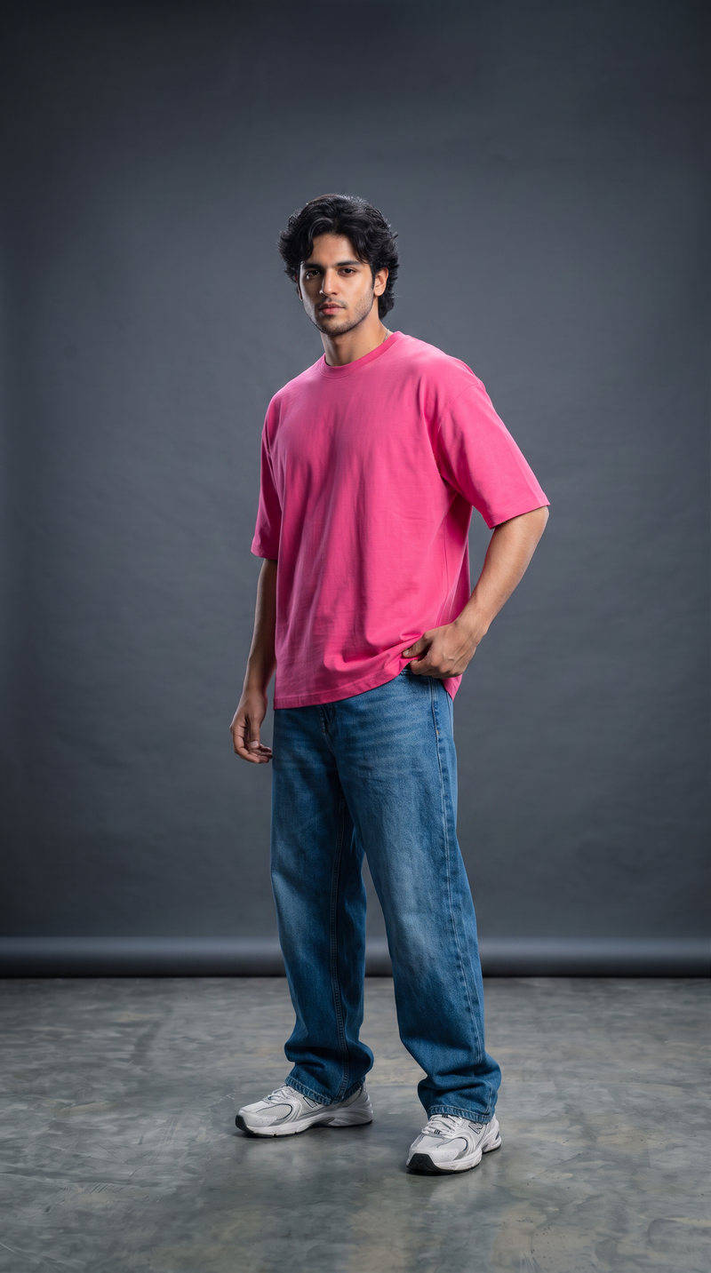 Hot Pink Oversized T-Shirt — 240 GSM Cotton Terry Plain Drop Shoulder Tee