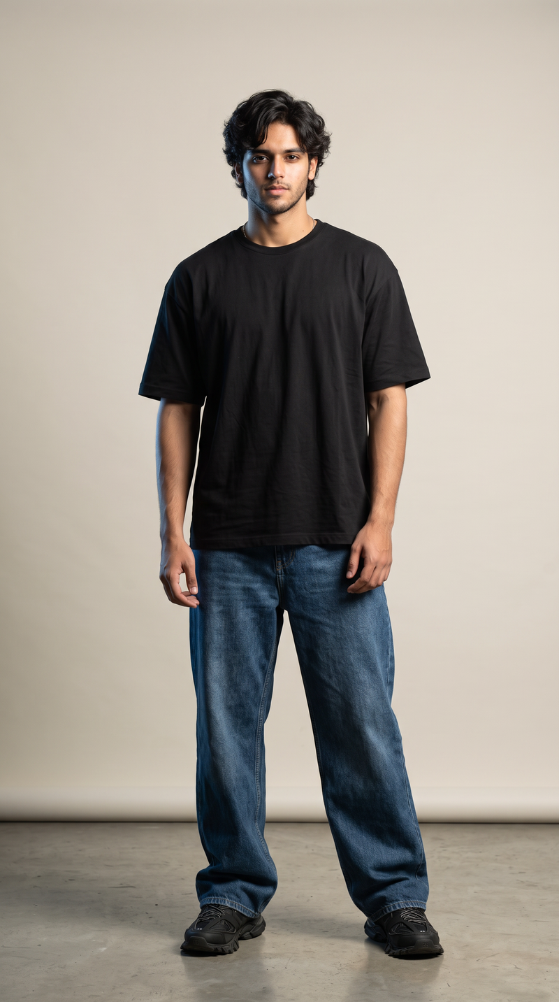 Black Oversized T-Shirt — 240 GSM Cotton Terry Plain Drop Shoulder Tee