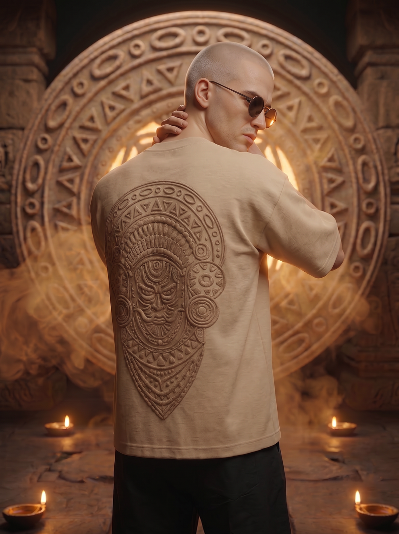 Kaal Embroidered Oversized T-Shirt — Off White 240 GSM Cotton Terry Tonal Back Embroidery