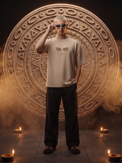 Kaal Embroidered Oversized T-Shirt — Off White 240 GSM Cotton Terry Tonal Back Embroidery