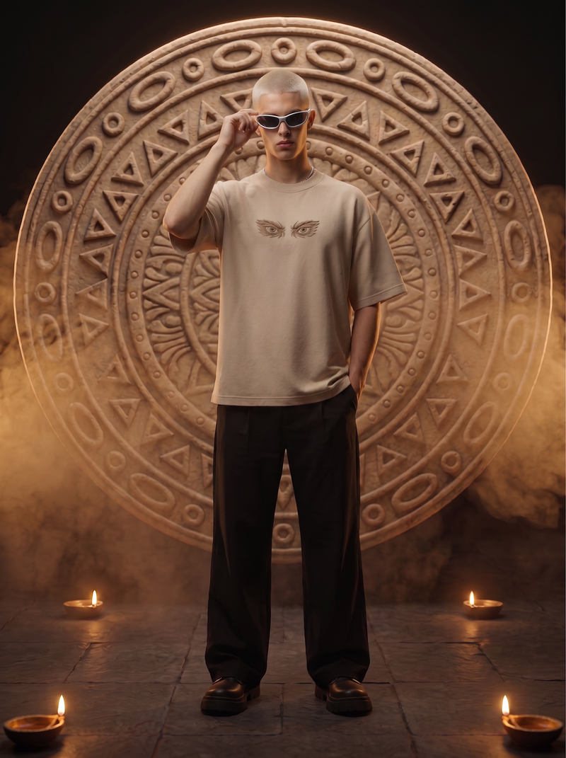 Kaal Embroidered Oversized T-Shirt — Off White 240 GSM Cotton Terry Tonal Back Embroidery