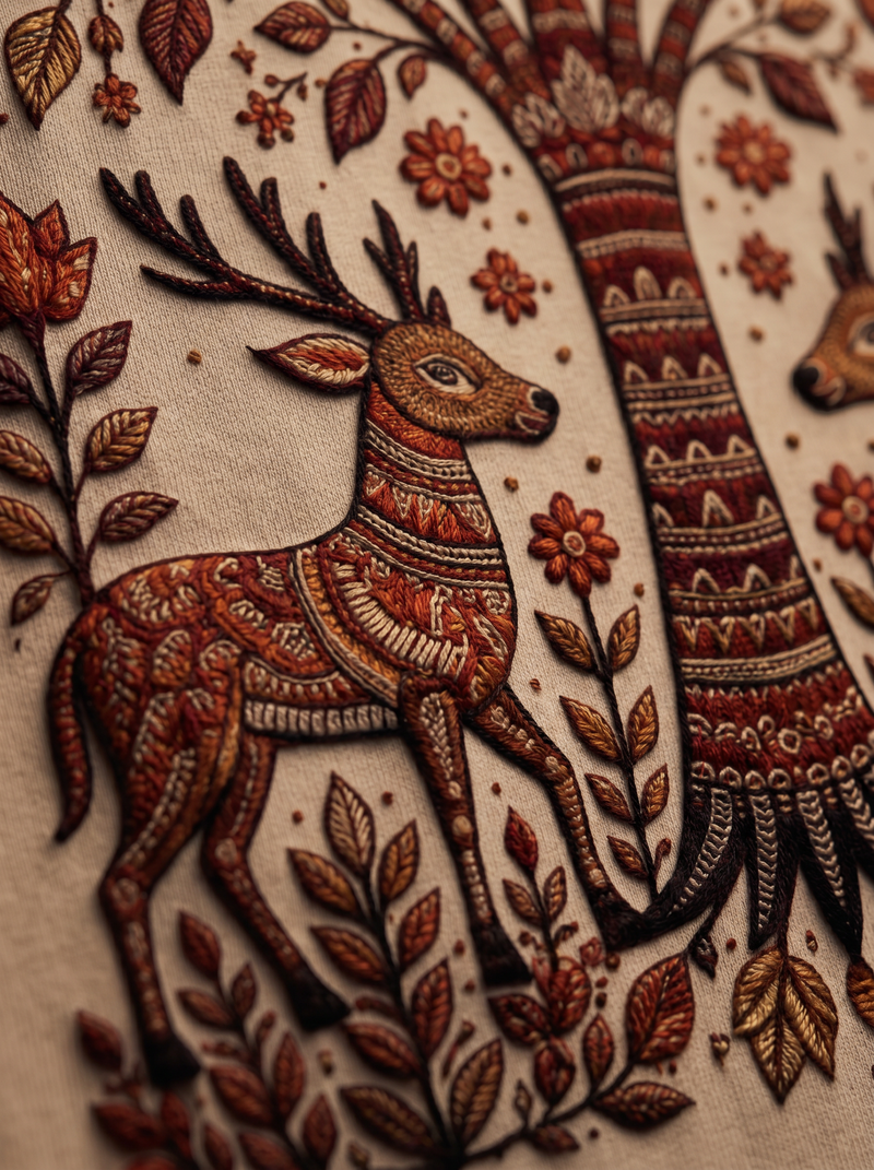Madhubani Tree of Life Embroidered Oversized T-Shirt — Off White 240 GSM Cotton Terry